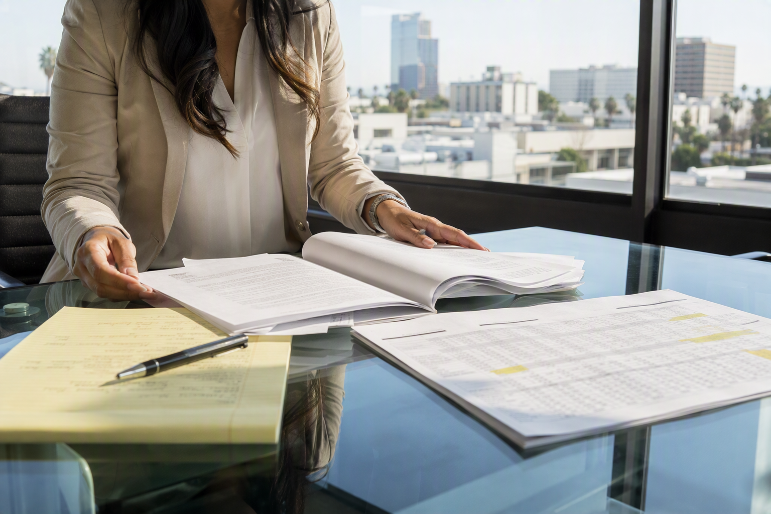 Building manager reviewing elevator maintenance contract renewal terms and cost comparison documents at a conference table in a Southern California office