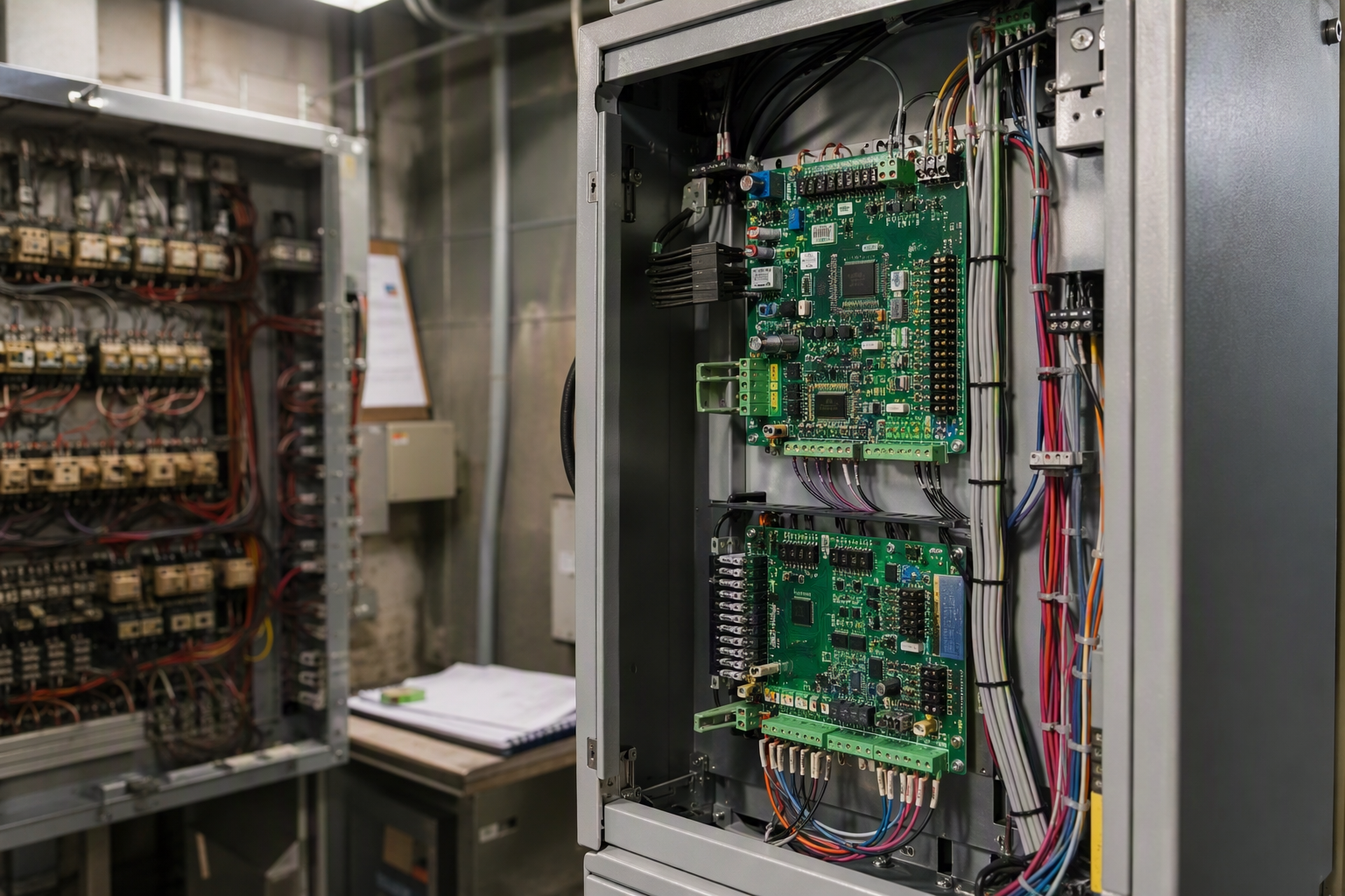 New solid-state elevator controller installed in a Los Angeles area machine room, replacing obsolete relay logic panels — a core cost driver in 2026 elevator modernization projects.