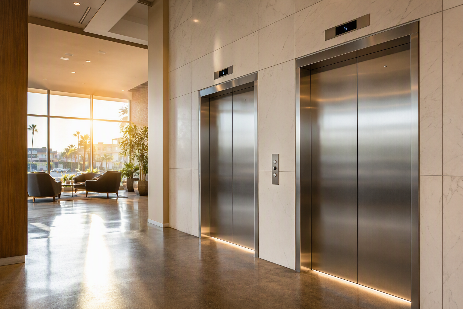Modernized elevator lobby in a Los Angeles area commercial building, showing updated stainless steel cab doors and LED fixtures — typical of 2026 elevator modernization projects in Signal Hill CA.