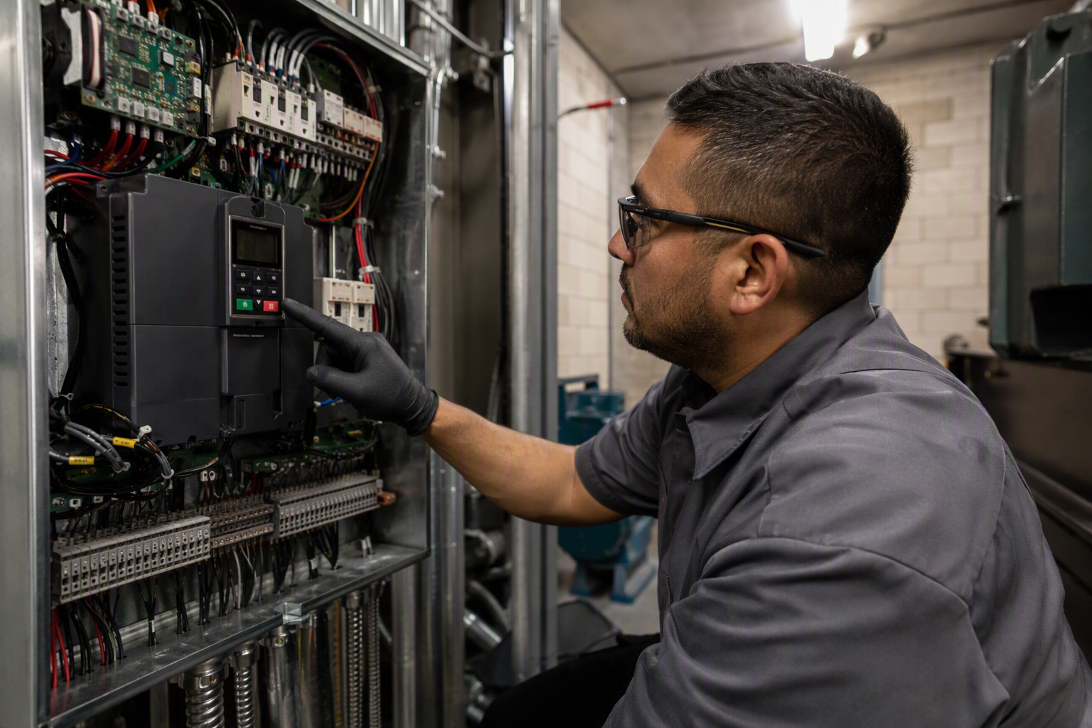 Elevator technician inspecting a variable-frequency drive in a commercial building machine room in Long Beach CA, the type of VFD upgrade eligible for Southern California Edison energy efficiency reba