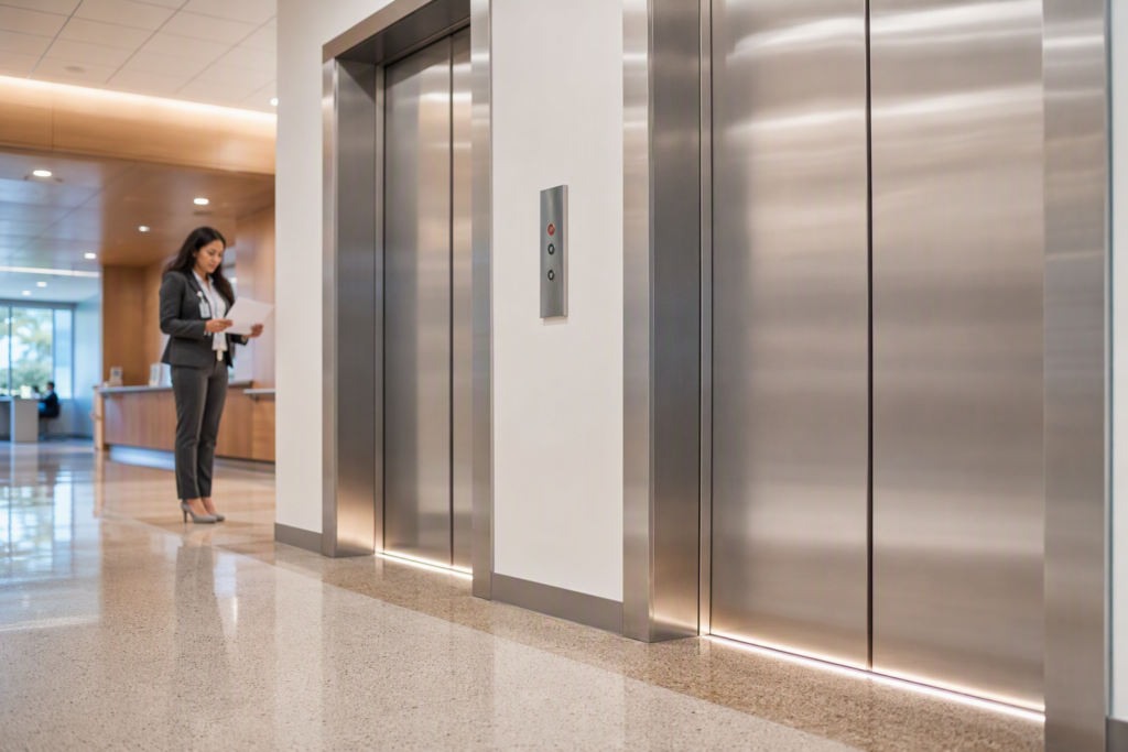 Newly modernized elevator lobby in a Los Angeles area healthcare facility featuring updated stainless-steel doors and LED lighting, illustrating 2026 elevator modernization incentives.