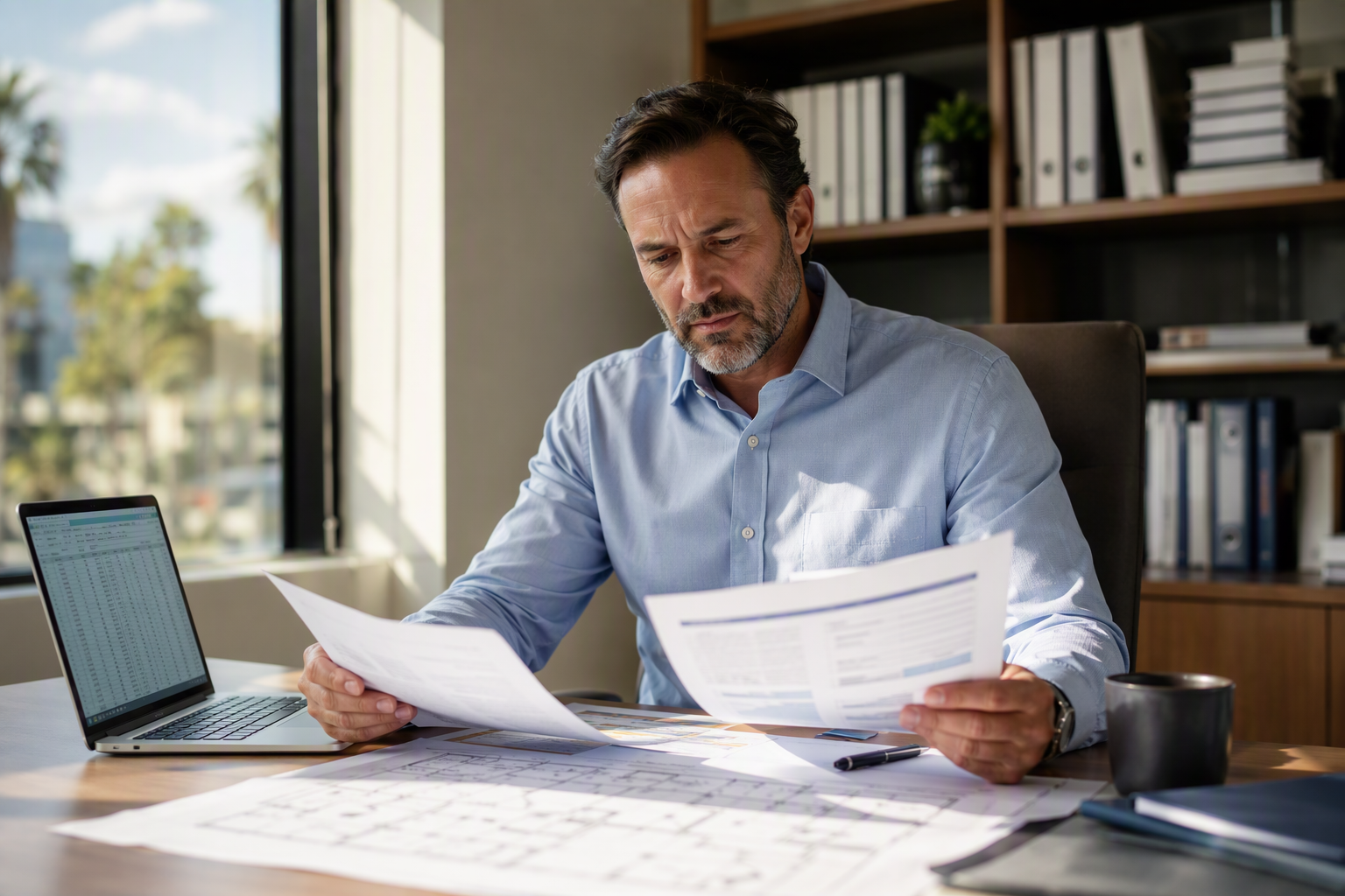 Facilities manager at an Orange County medical building reviewing PACE financing documents and energy audit reports for a 2026 elevator modernization incentive project.