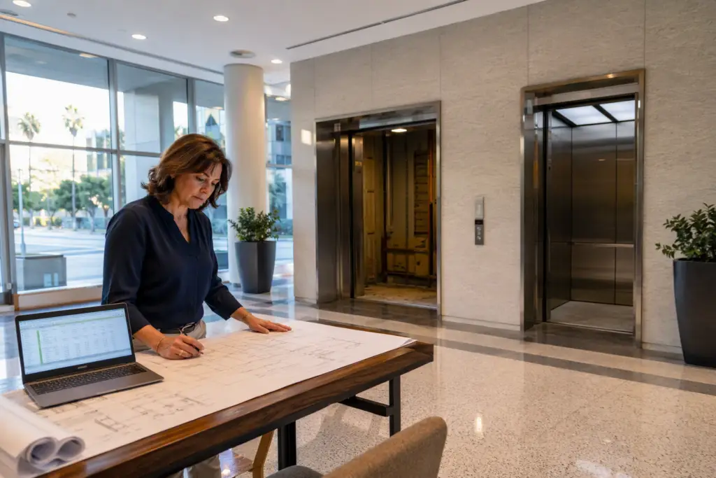 Property manager reviewing elevator modernization budget plans in a Long Beach CA commercial lobby with one cab open mid-renovation, illustrating the 2027 planning process.