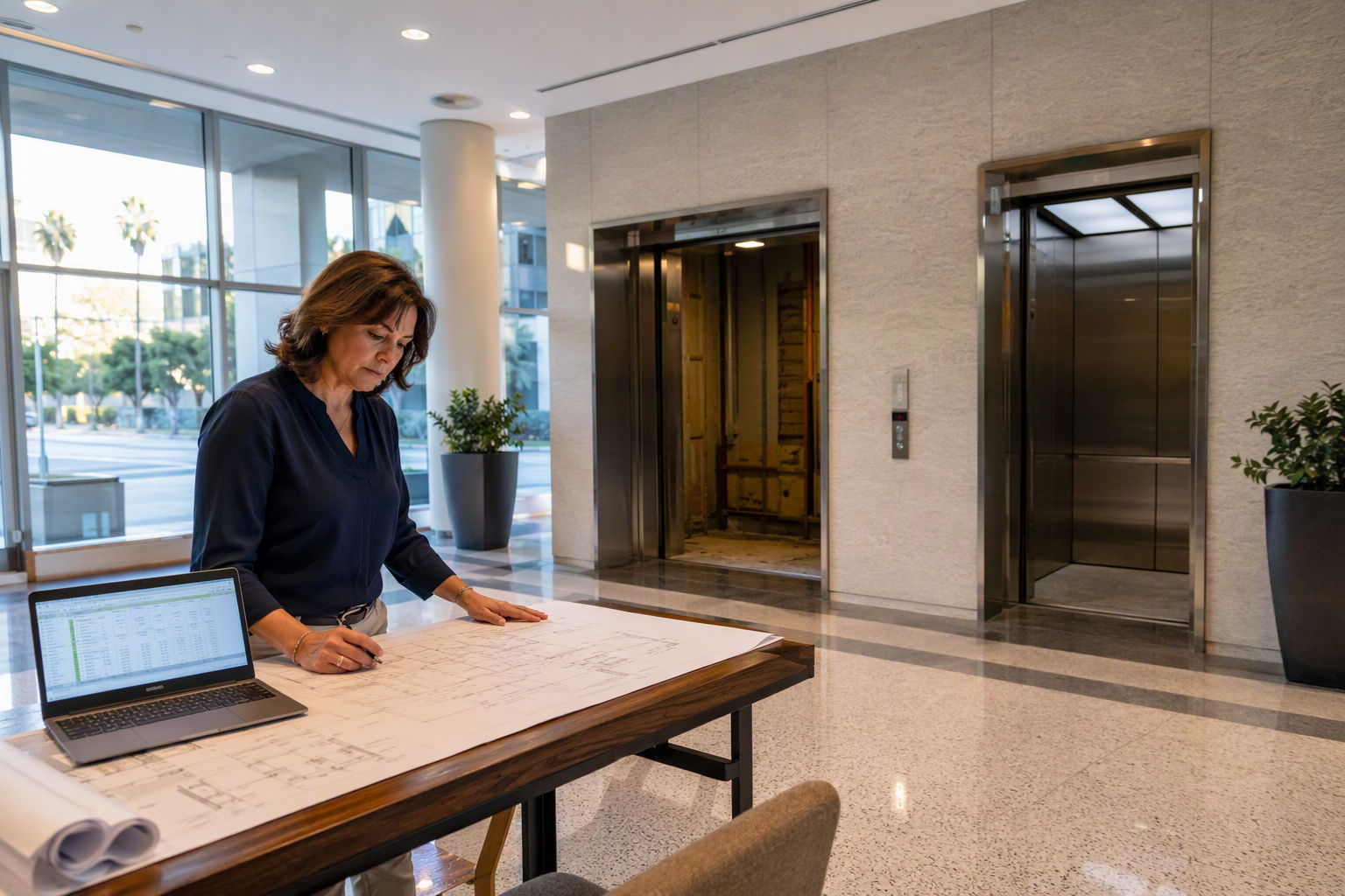 Property manager reviewing elevator modernization budget plans in a Long Beach CA commercial lobby with one cab open mid-renovation, illustrating the 2027 planning process.