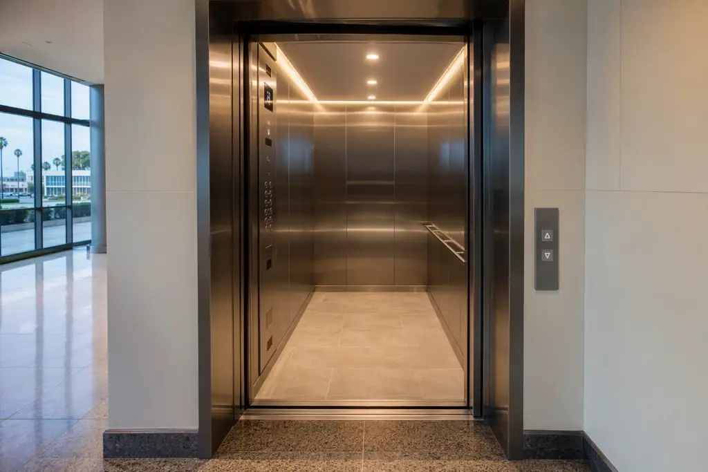 Newly modernized elevator cab interior in a Long Beach CA office building, showing LED lighting, stainless steel panels, and updated digital fixtures that improve ROI.