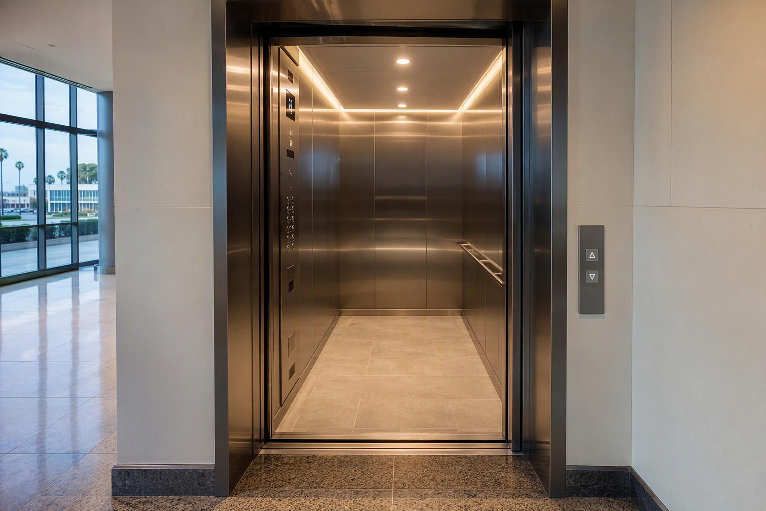 Newly modernized elevator cab interior in a Long Beach CA office building, showing LED lighting, stainless steel panels, and updated digital fixtures that improve ROI.