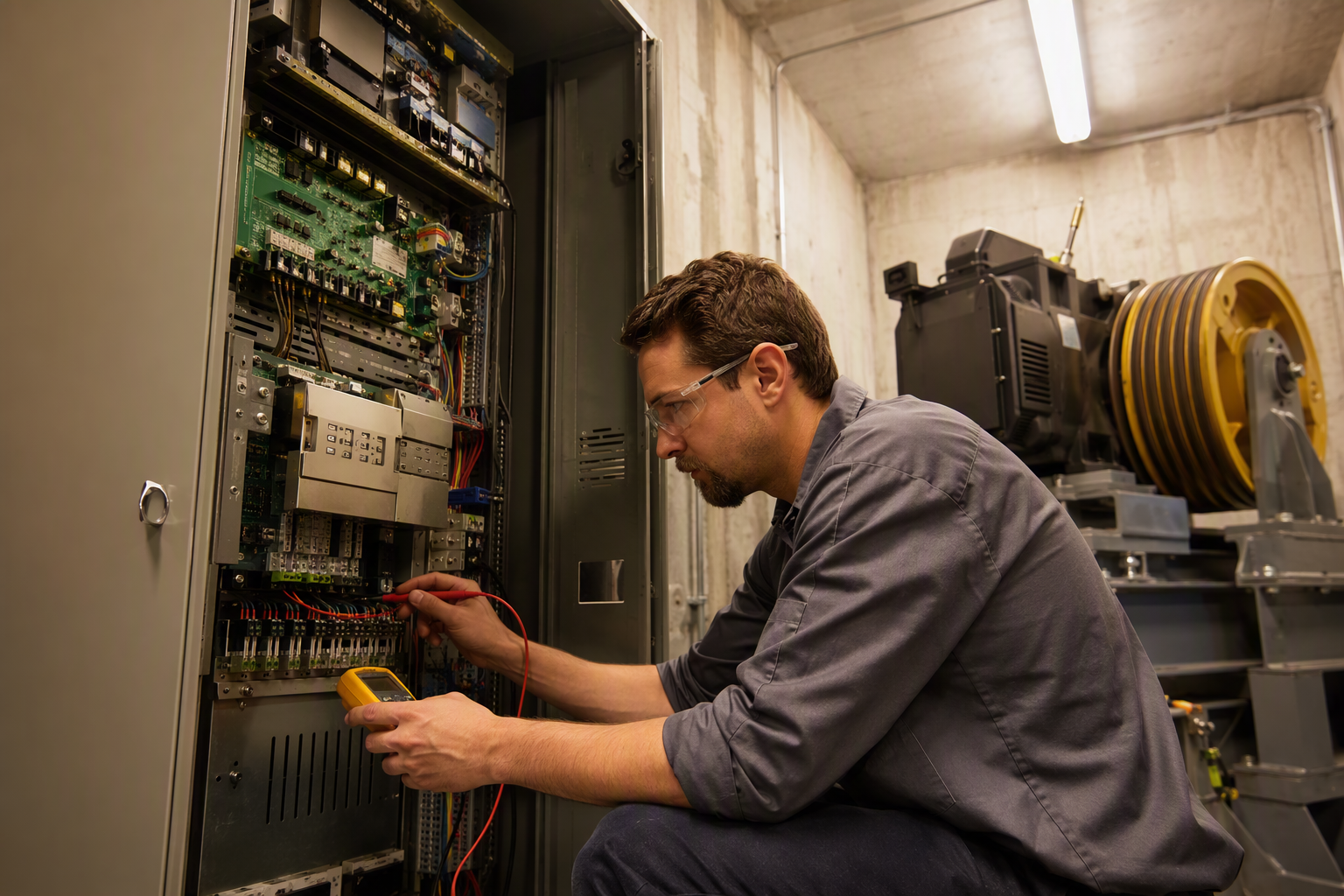 Elevator technician servicing a modern VVVF drive controller in a Los Angeles area machine room, illustrating reduced maintenance costs from elevator modernization.