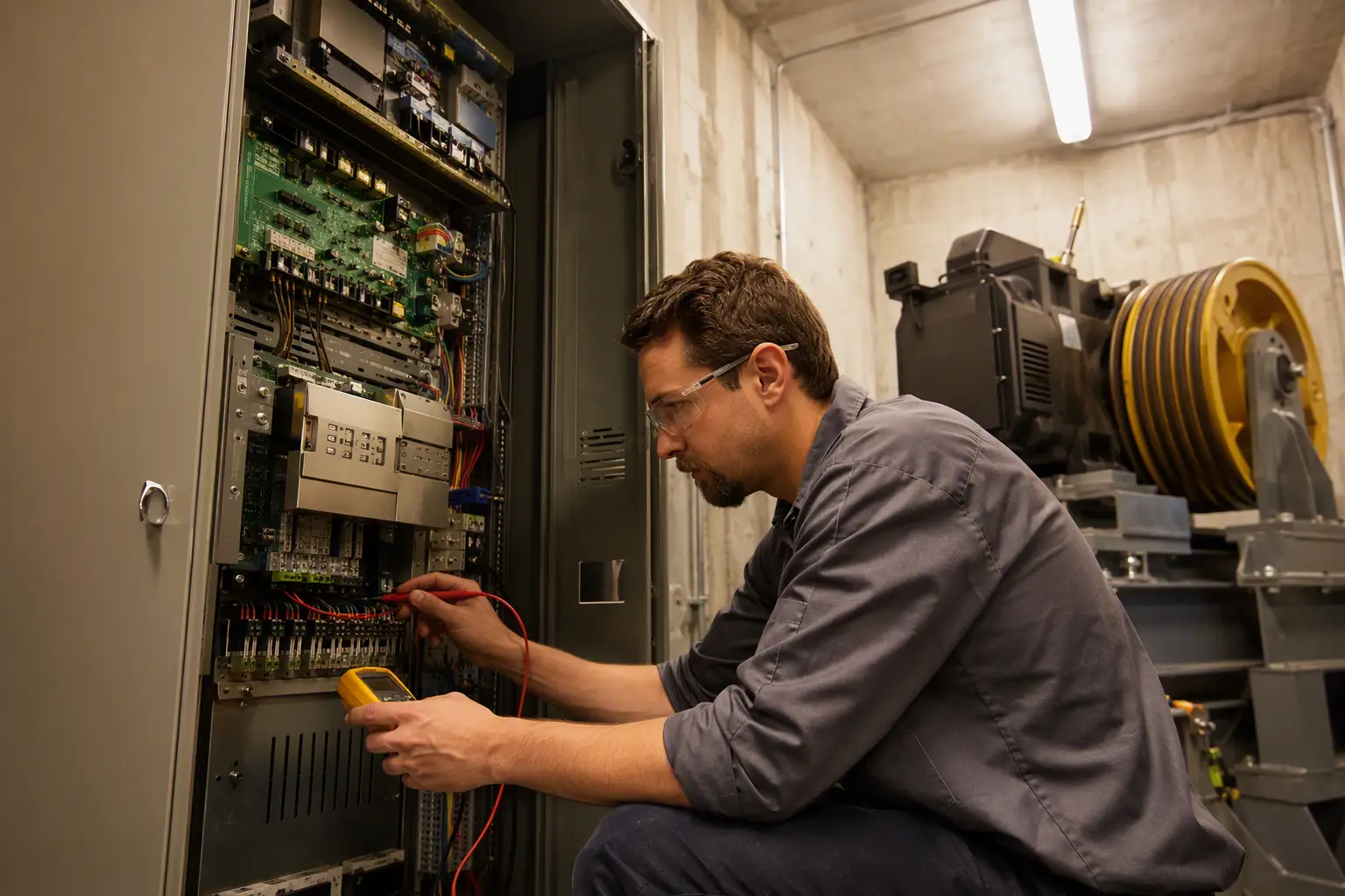 Elevator technician servicing a modern VVVF drive controller in a Los Angeles area machine room, illustrating reduced maintenance costs from elevator modernization.