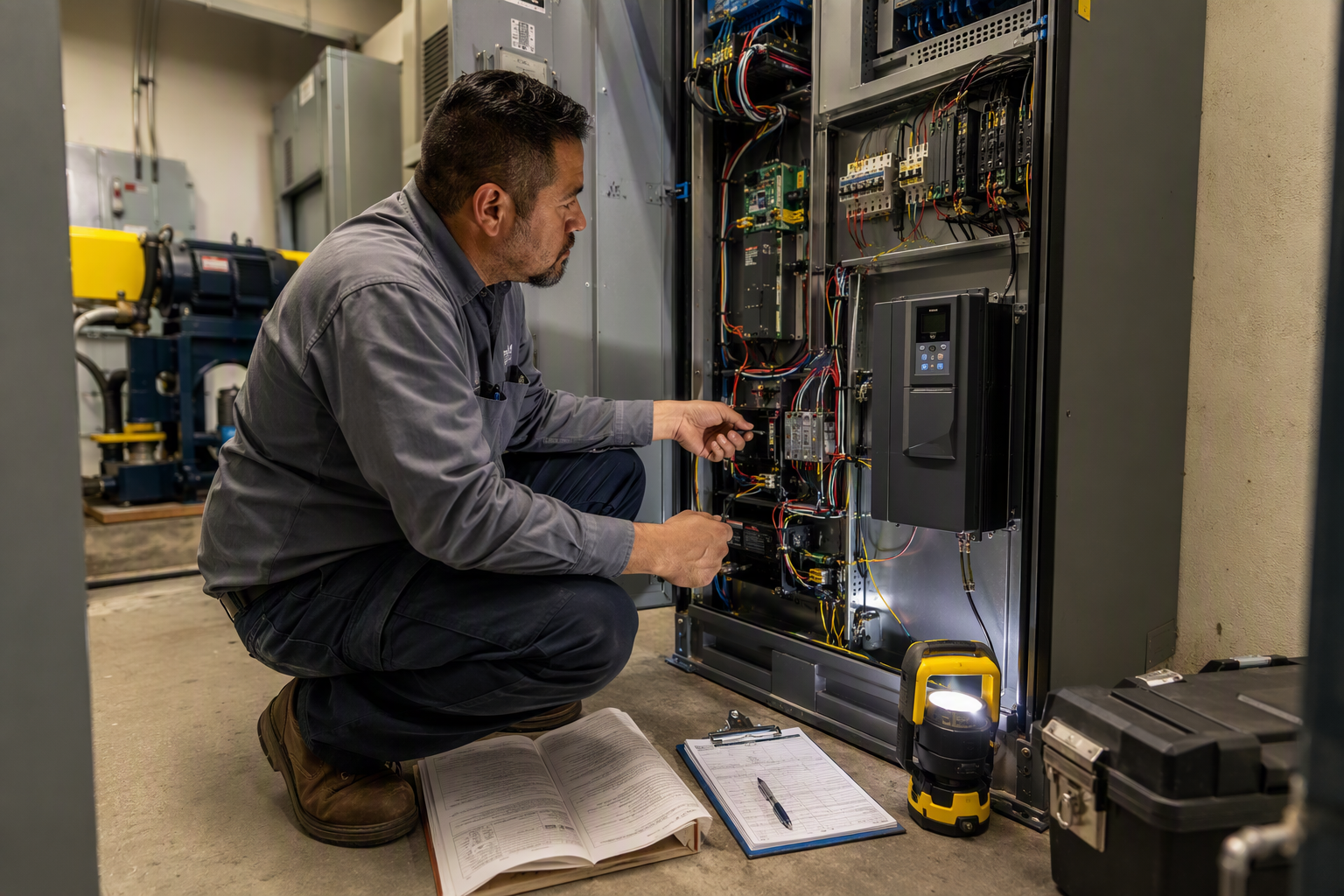 Elevator mechanic inspecting a new variable-frequency drive controller in a hospital machine room during elevator modernization, a key phase determining how long the project takes.
