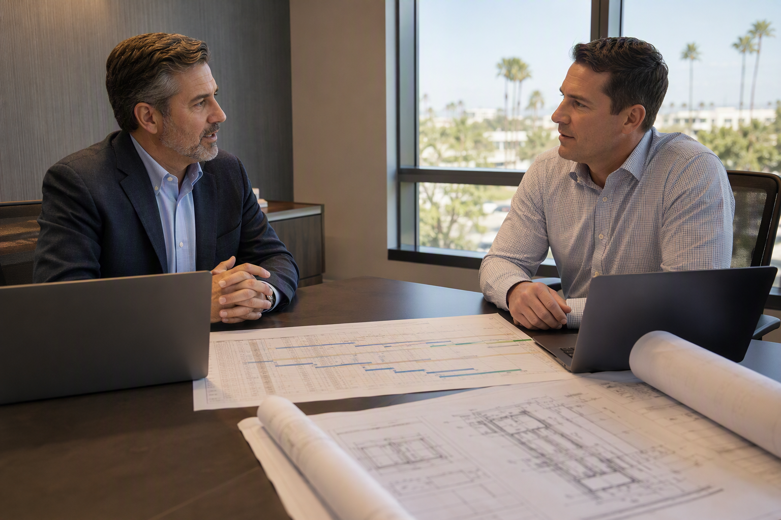 Hospital facilities manager and elevator modernization contractor reviewing a phased construction schedule and hoistway drawings to plan elevator downtime and maintain patient access during upgrades.