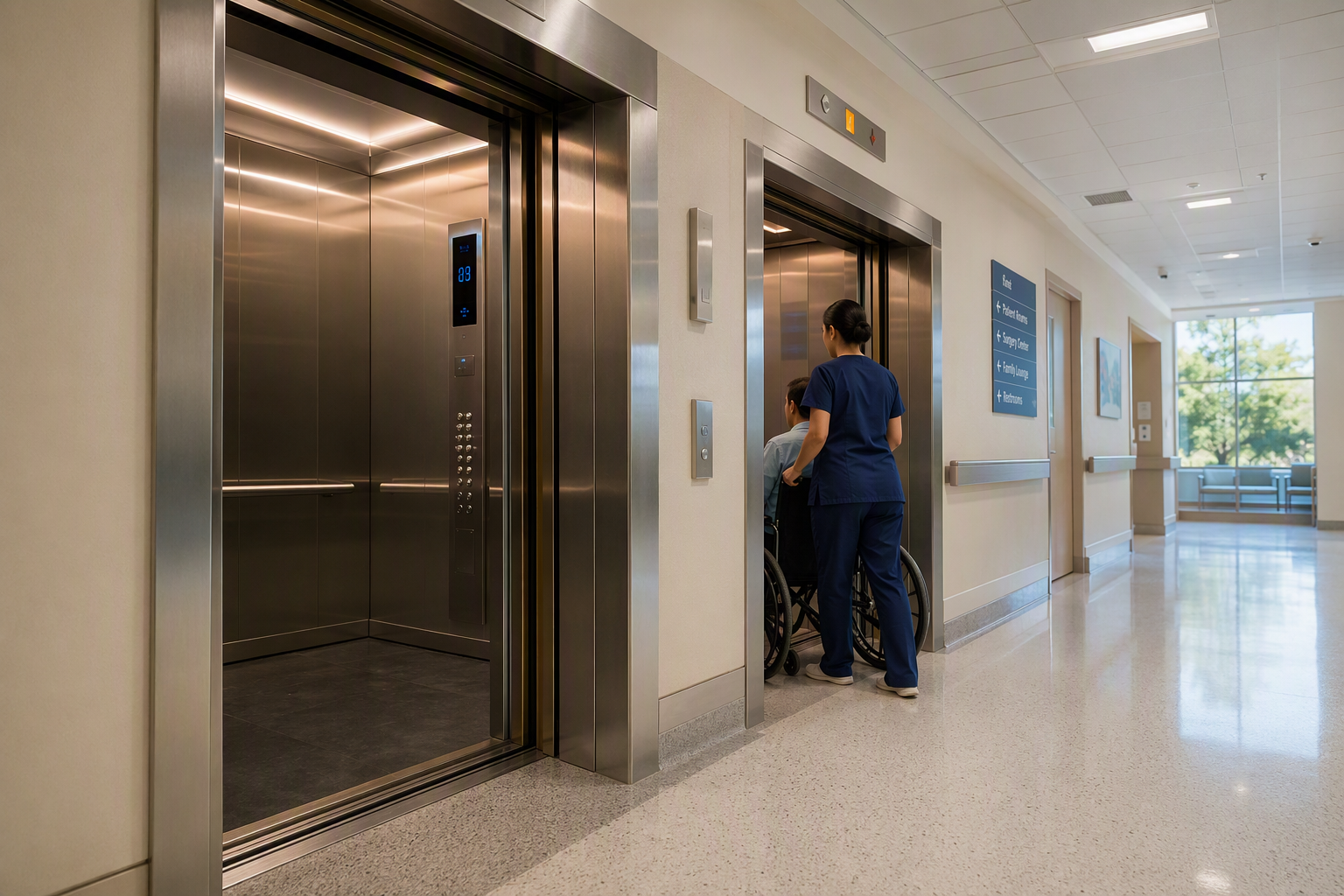 Modernized hospital elevator cab with open doors beside an active elevator in service, showing how phased healthcare elevator modernization maintains patient access during construction in Los Angeles 