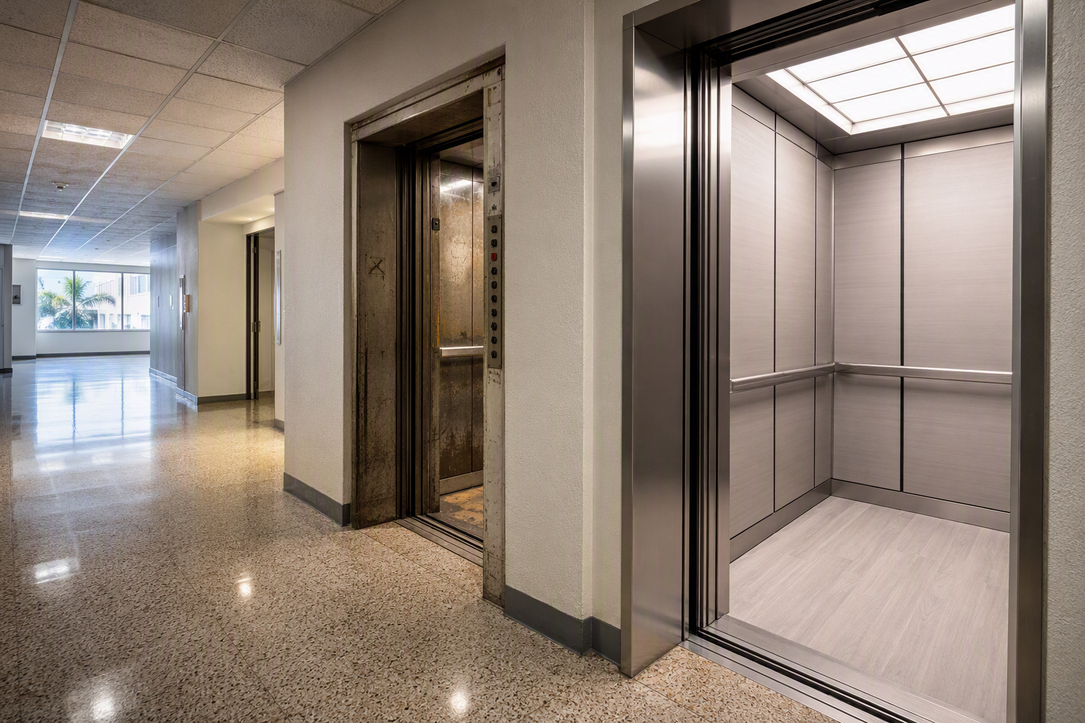 Side-by-side comparison of an aging elevator cab and a modernized elevator cab in a Long Beach CA commercial building, illustrating elevator modernization vs full replacement