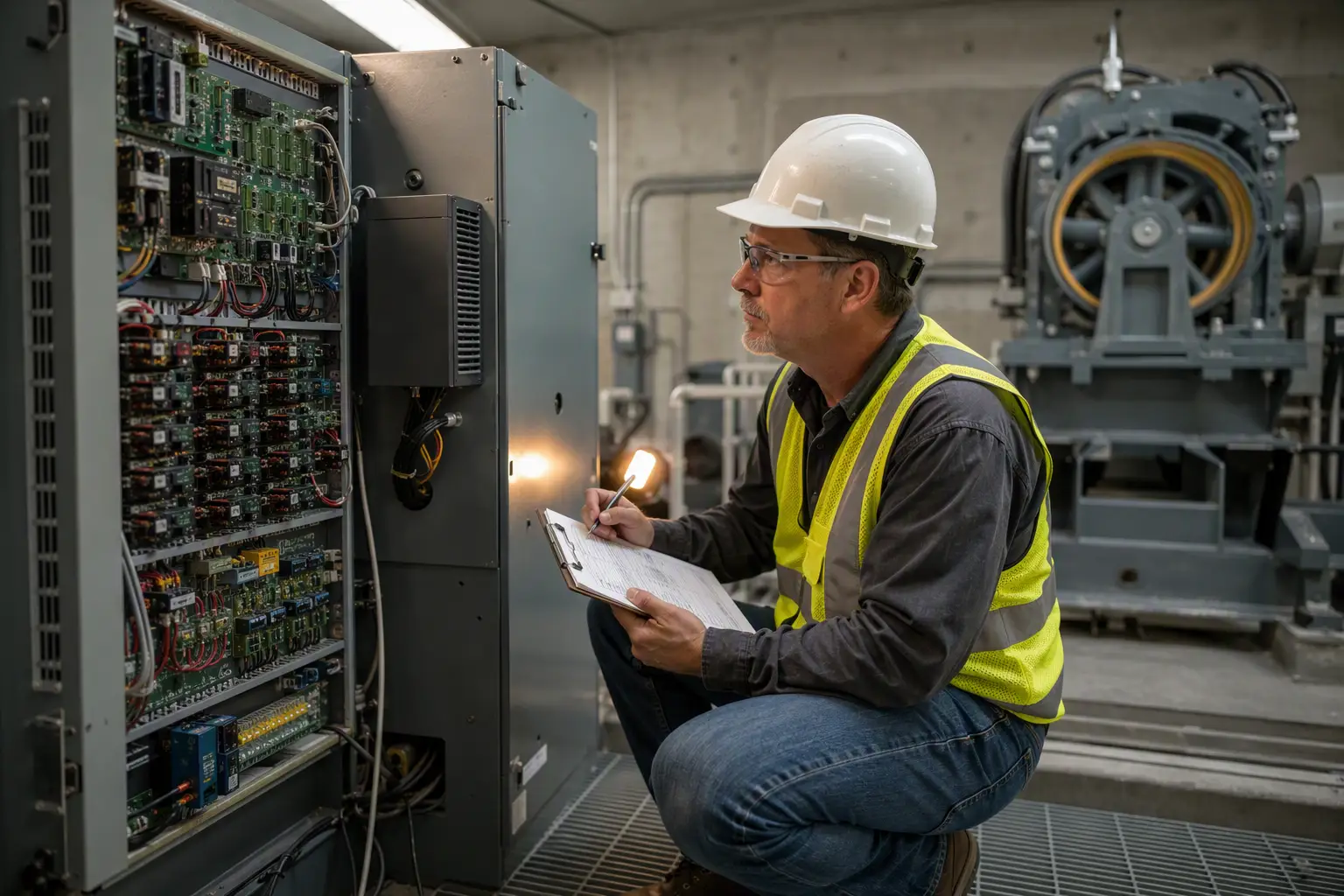 Elevator inspector reviewing compliance checklist beside a relay-logic controller in a California machine room, assessing whether the system qualifies for modernization or requires full replacement.