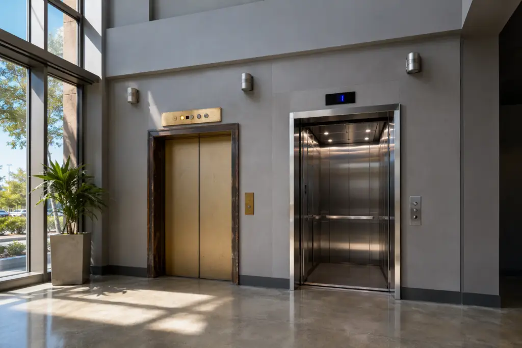 Side-by-side elevator entrances in a California commercial building lobby comparing an aging original unit with a modernized elevator cab, illustrating modernization vs. full replacement decision.