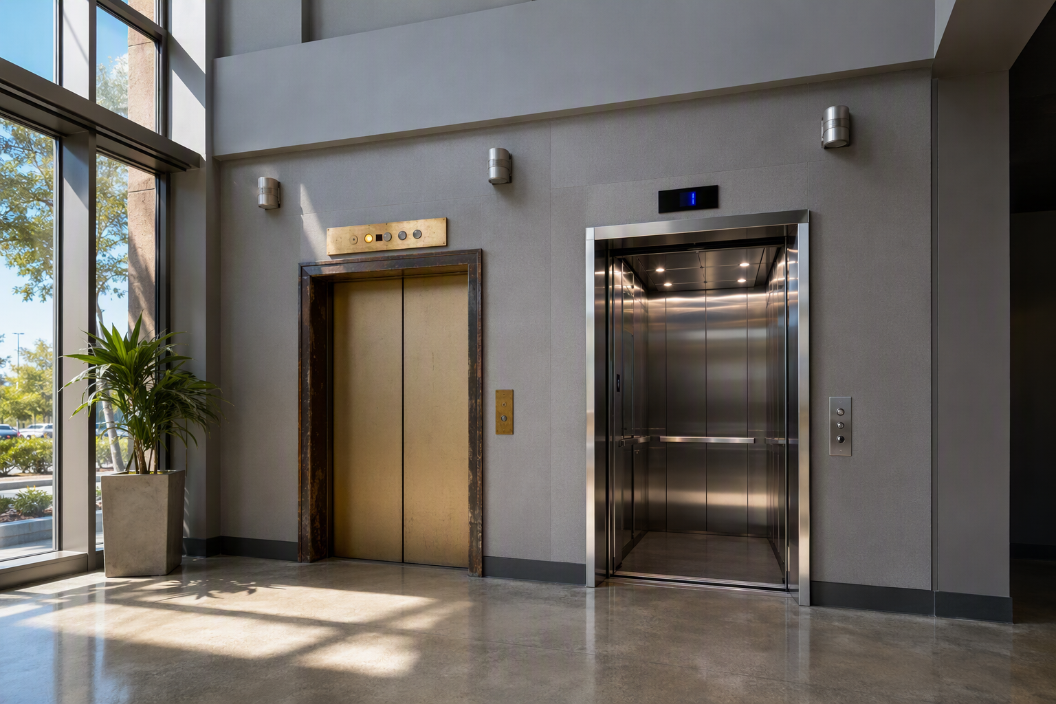 Side-by-side elevator entrances in a California commercial building lobby comparing an aging original unit with a modernized elevator cab, illustrating modernization vs. full replacement decision.