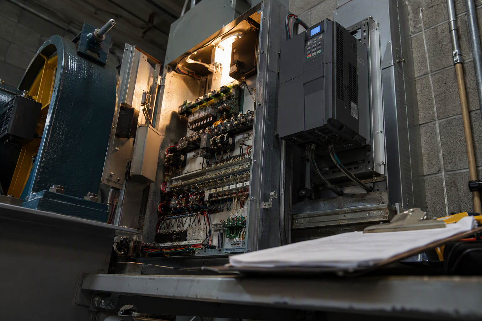 Elevator machine room controller cabinet and Cal/OSHA inspection permit documents in a Los Angeles area building, relevant to California elevator code compliance for modernization projects