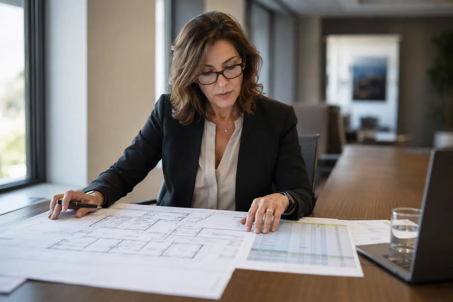 Building facilities manager in a Southern California office reviewing elevator modernization cost estimates and hoistway drawings to decide between modernization and full replacement