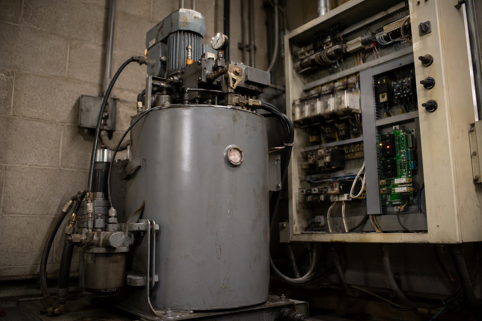 Aging hydraulic elevator power unit and original controller cabinet in a Los Angeles area machine room, showing mixed old and refurbished components typical of equipment nearing its 20-to-25-year serv