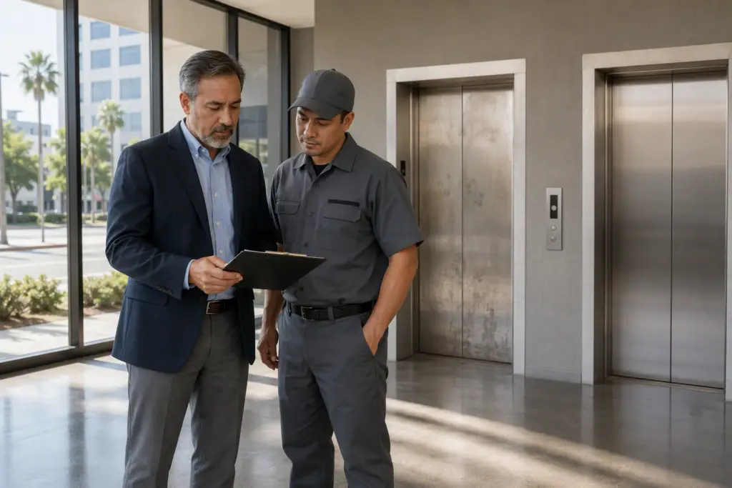Building manager and elevator technician reviewing a condition assessment report in a Long Beach CA commercial lobby to decide whether to repair or replace an aging elevator.