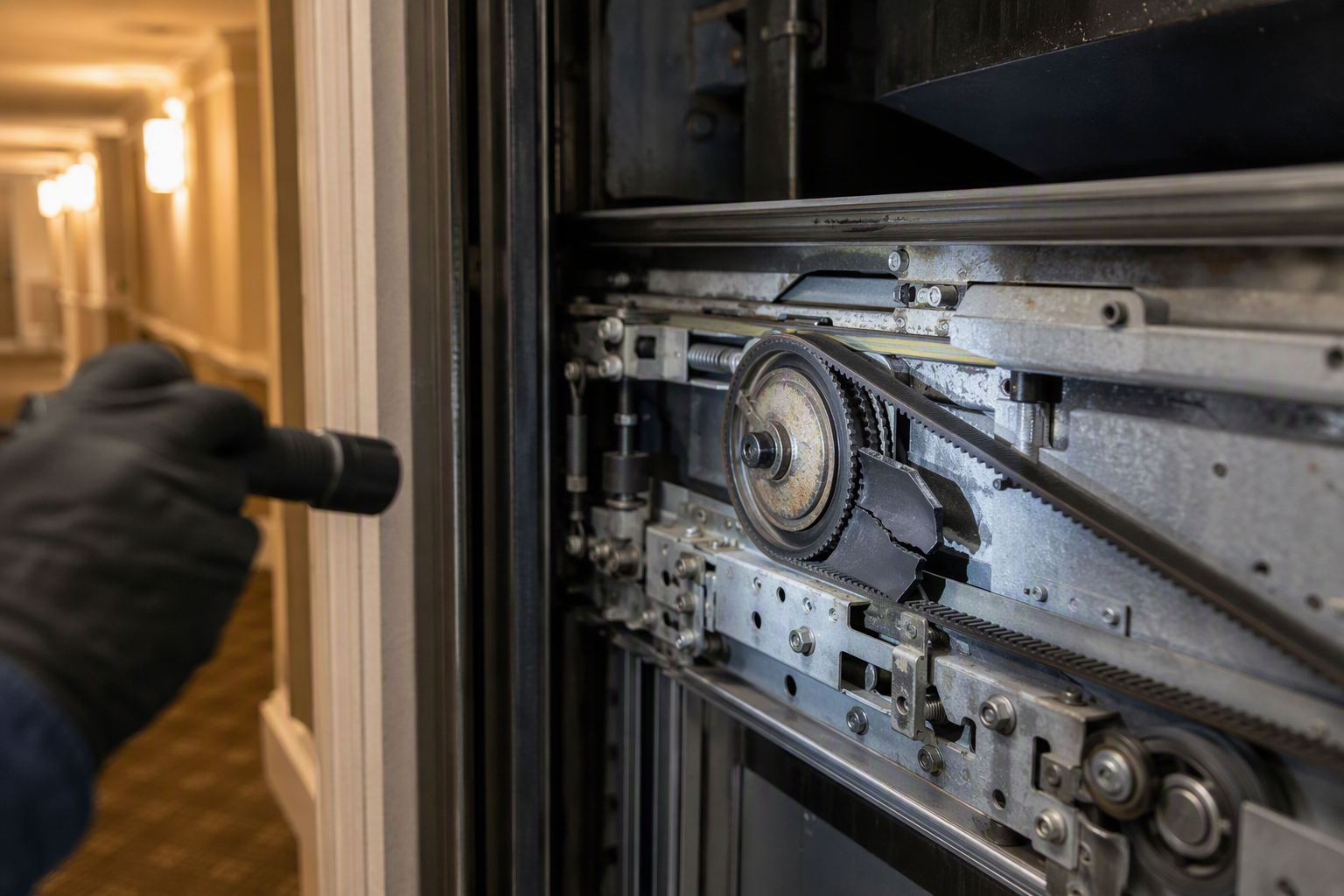 Worn elevator door operator cam-and-roller assembly with cracked vane in an Orange County residential building — an isolated mechanical failure that indicates targeted repair rather than full elevator