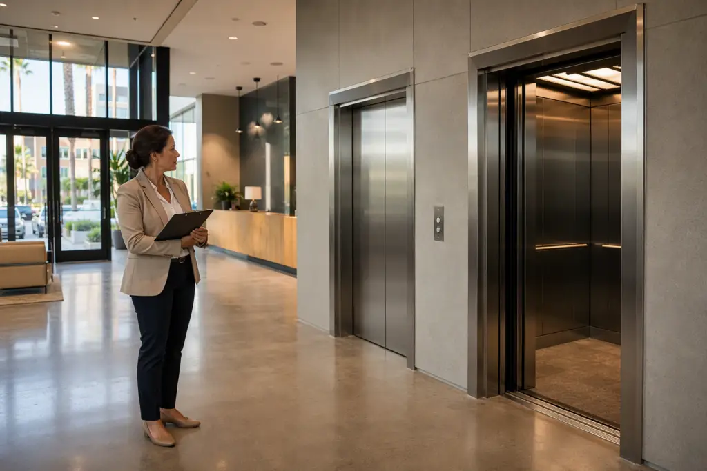 Property manager in Long Beach CA lobby evaluating open elevator doors to determine if elevator needs repairs or routine maintenance