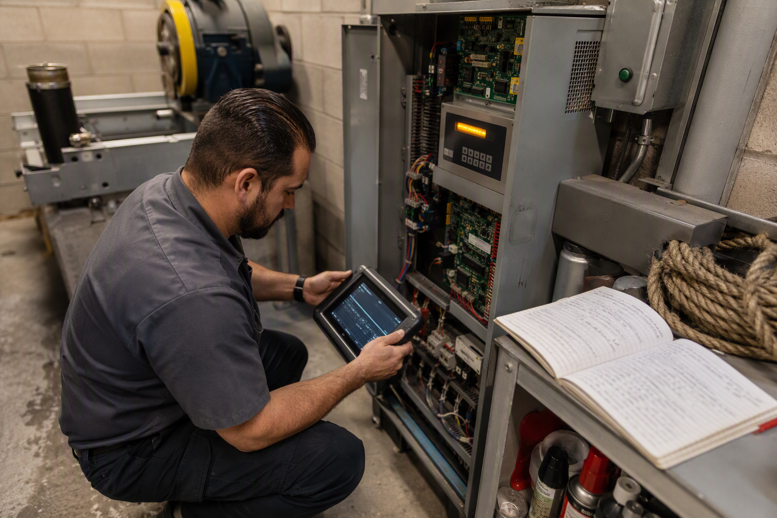 Elevator technician reviewing fault codes on machine room controller during a service call to determine if elevator repair or routine maintenance is needed