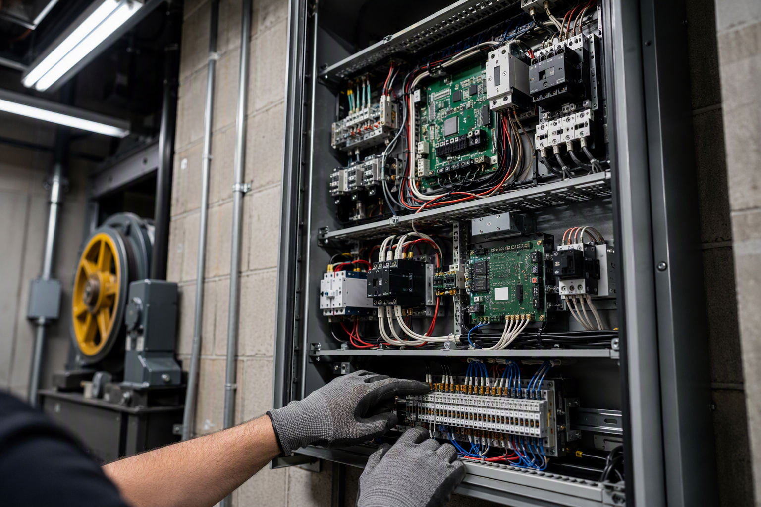 Elevator controller cabinet open in a commercial machine room during a maintenance inspection, illustrating what full-maintenance and parts-and-labor service contracts cover.