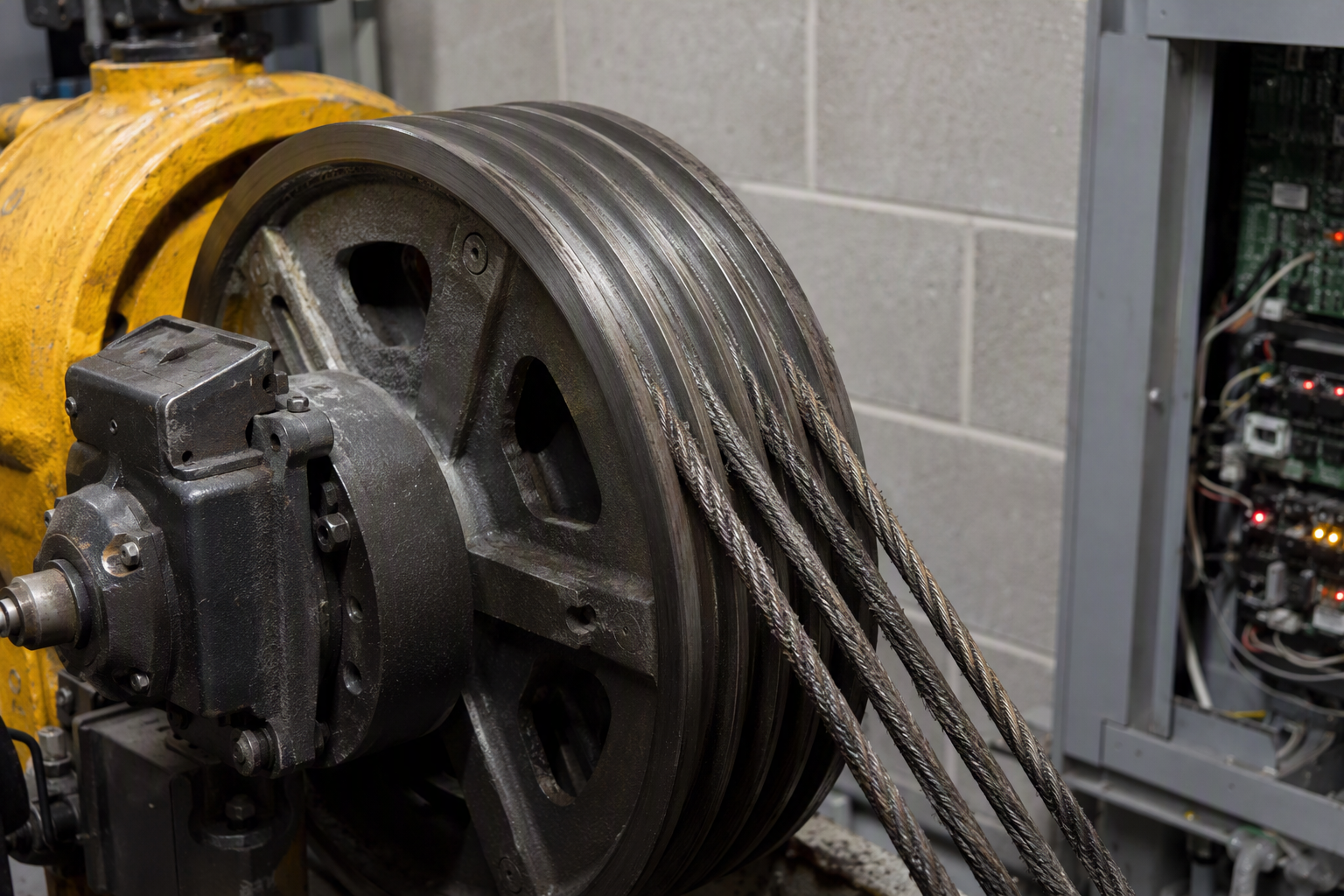 Worn hoist ropes and grooved drive sheave in a commercial elevator machine room showing mechanical wear sounds that require urgent elevator inspection