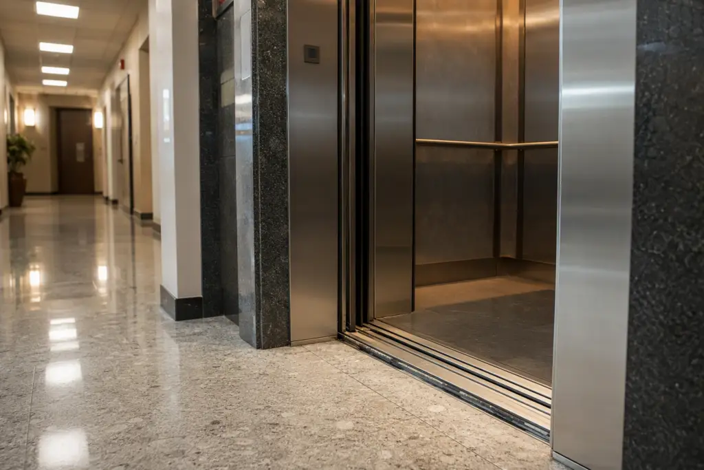 Commercial elevator doors in a Long Beach CA office building showing a leveling gap at the floor sill — an early warning sign a building elevator may be approaching failure
