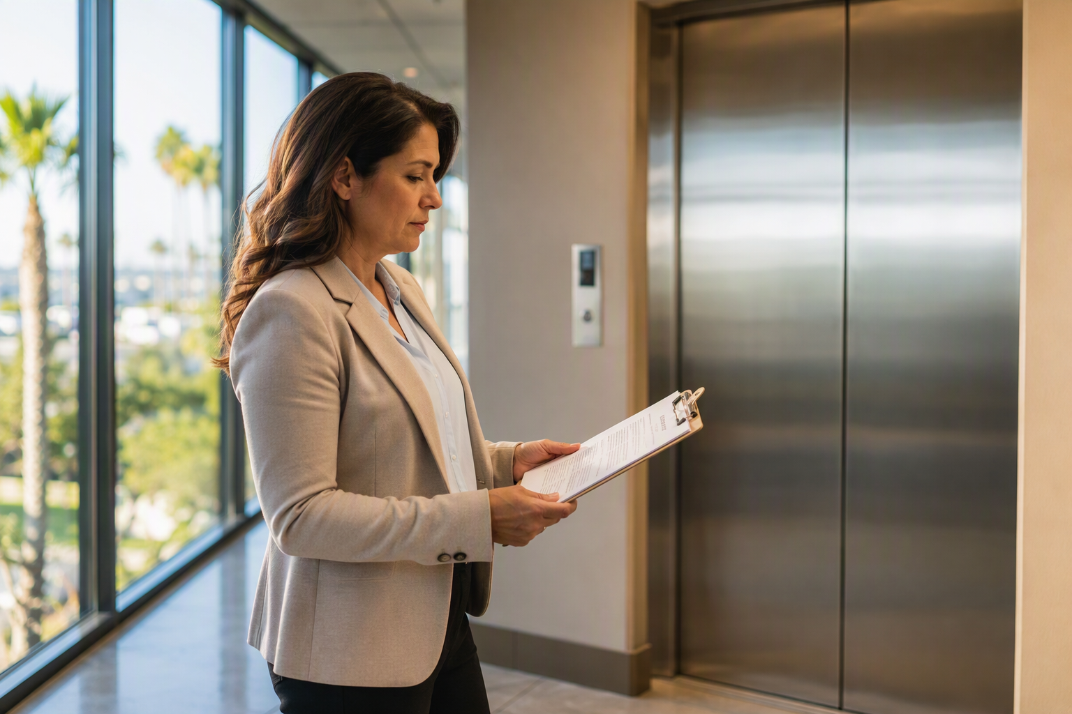 Building facilities manager reviewing elevator maintenance log and callback frequency records in a Los Angeles commercial office corridor to prevent emergency elevator shutdown