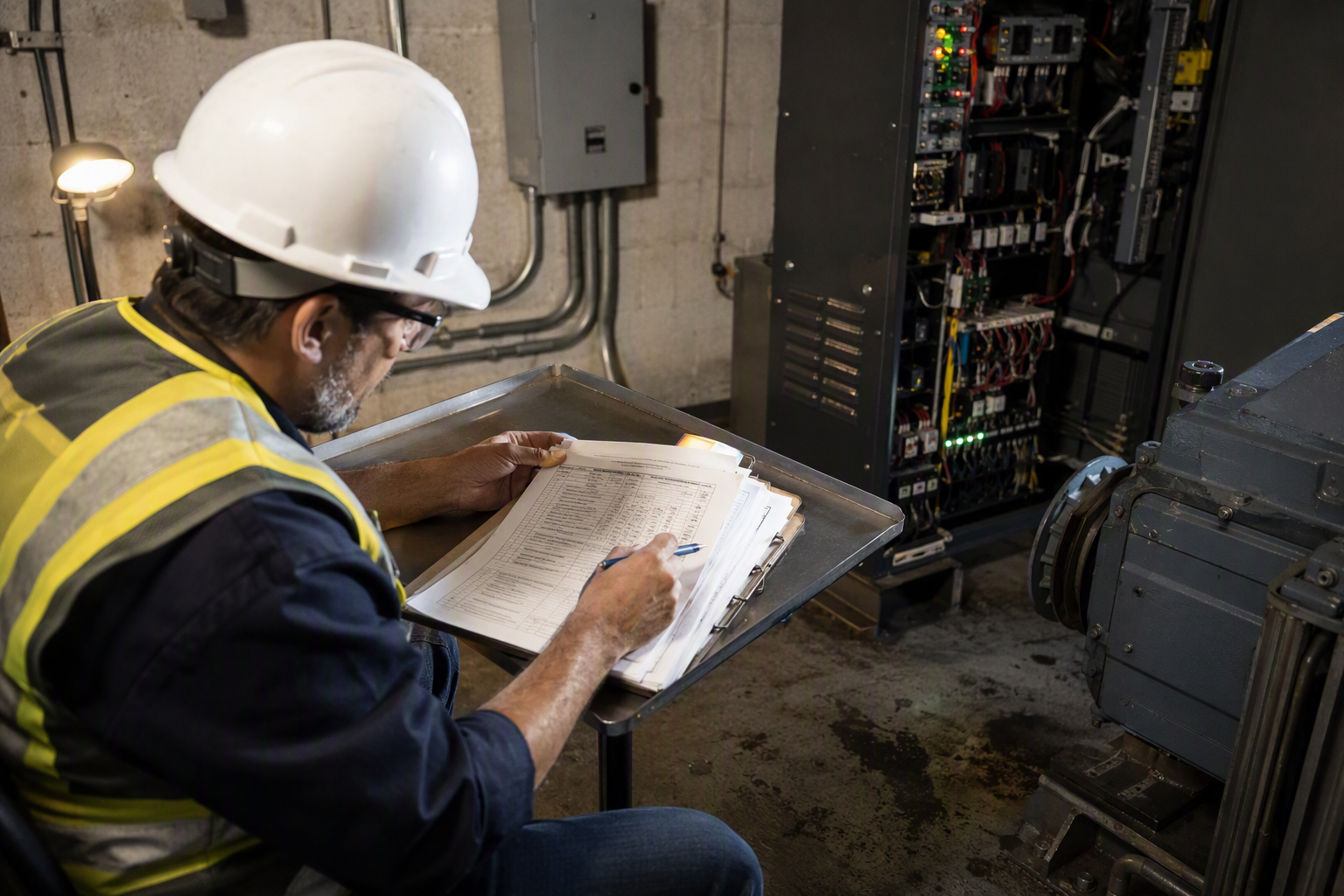 Licensed elevator inspector reviewing Cal/OSHA violation report in a machine room after a failed elevator inspection at a California healthcare building