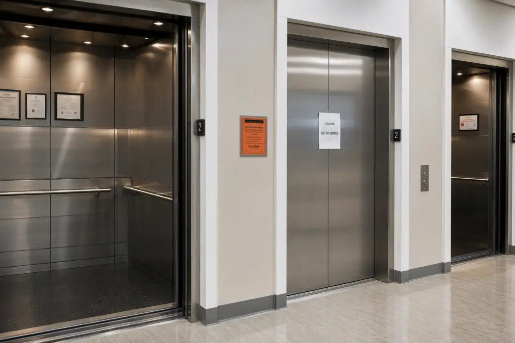 Hospital elevator in Southern California posted out of service with a Cal/OSHA violation notice after a failed elevator inspection, Long Beach CA medical facility
