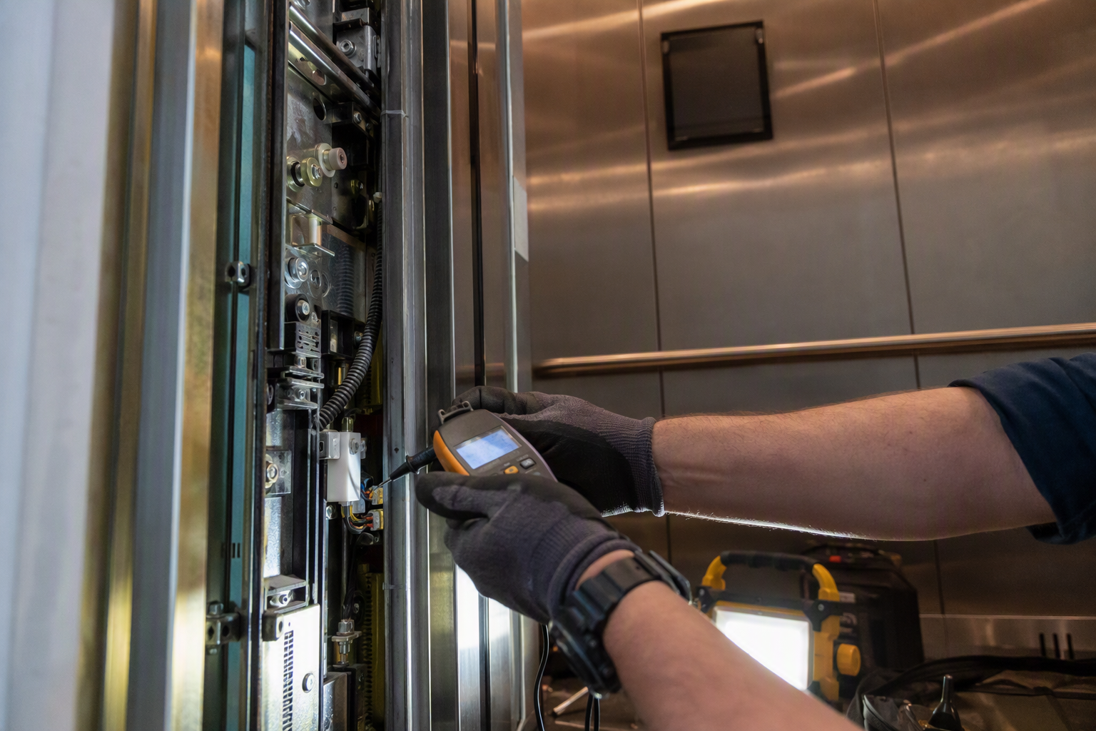 Licensed elevator mechanic repairing a door safety device inside a hospital elevator cab in Orange County CA to correct violations and pass California re-inspection