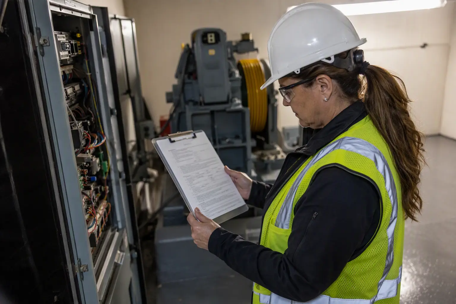 Elevator inspector reviewing a California violation notice on a clipboard inside a commercial building machine room after a failed elevator inspection
