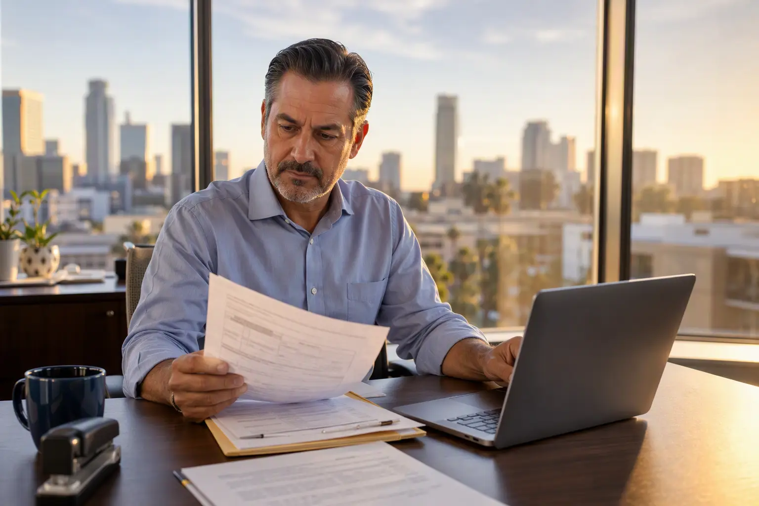 Healthcare facility manager in a Long Beach California office reviewing elevator violation correction deadlines and extension request paperwork after a failed inspection