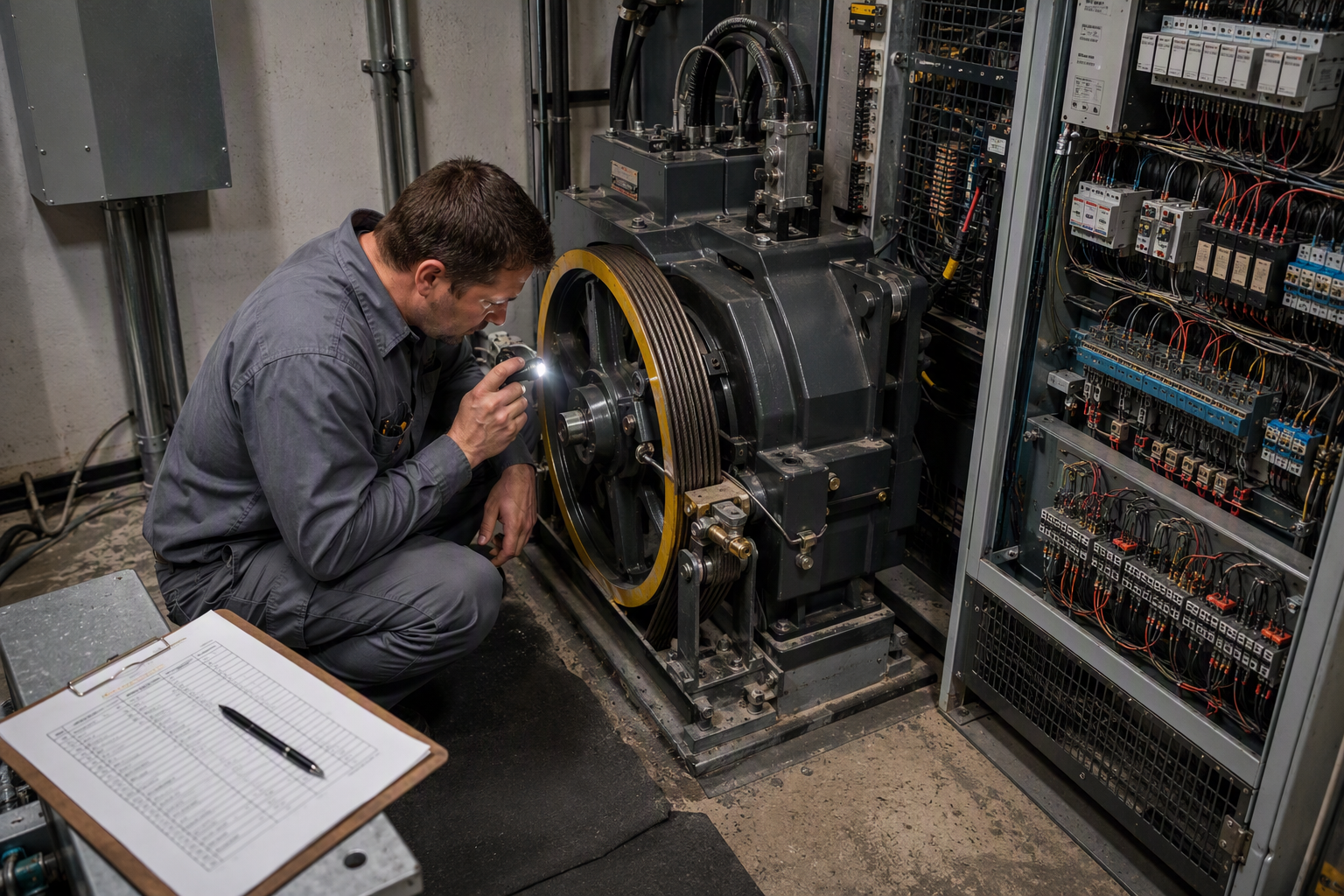 Licensed elevator mechanic inspecting traction machine lubrication point inside a hospital elevator machine room as part of a full-service maintenance contract inspection.