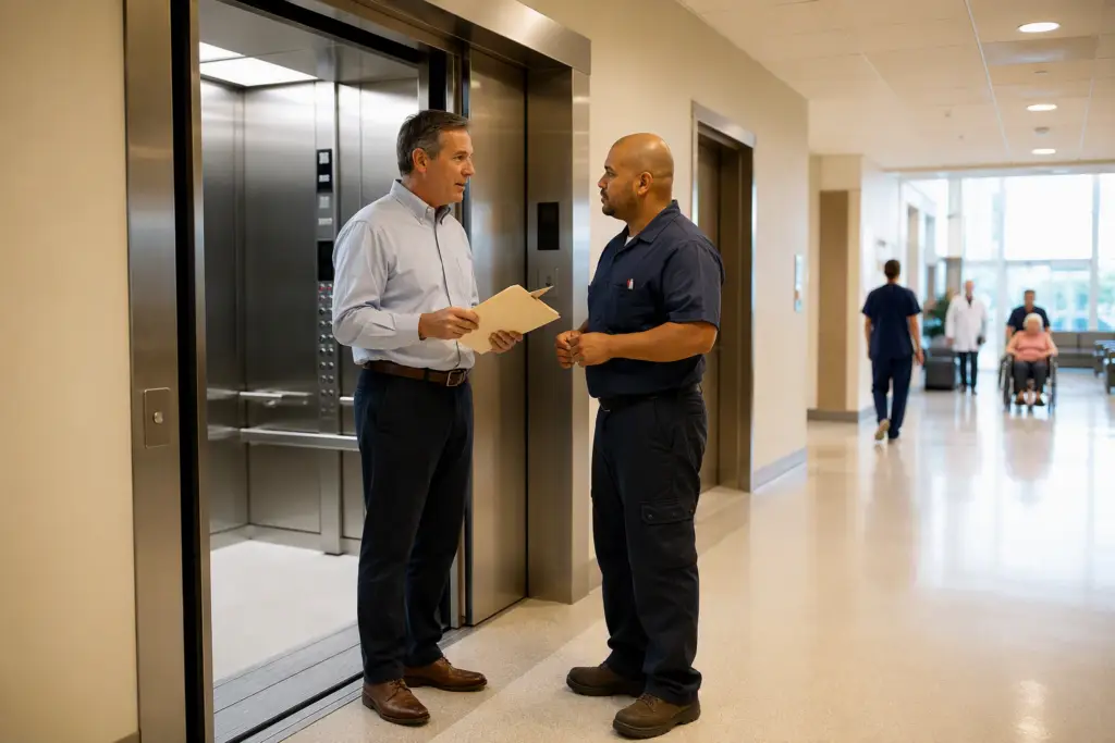 Facilities manager and elevator technician reviewing maintenance contract documents in front of stainless-steel hospital elevator doors in a Long Beach CA medical facility.
