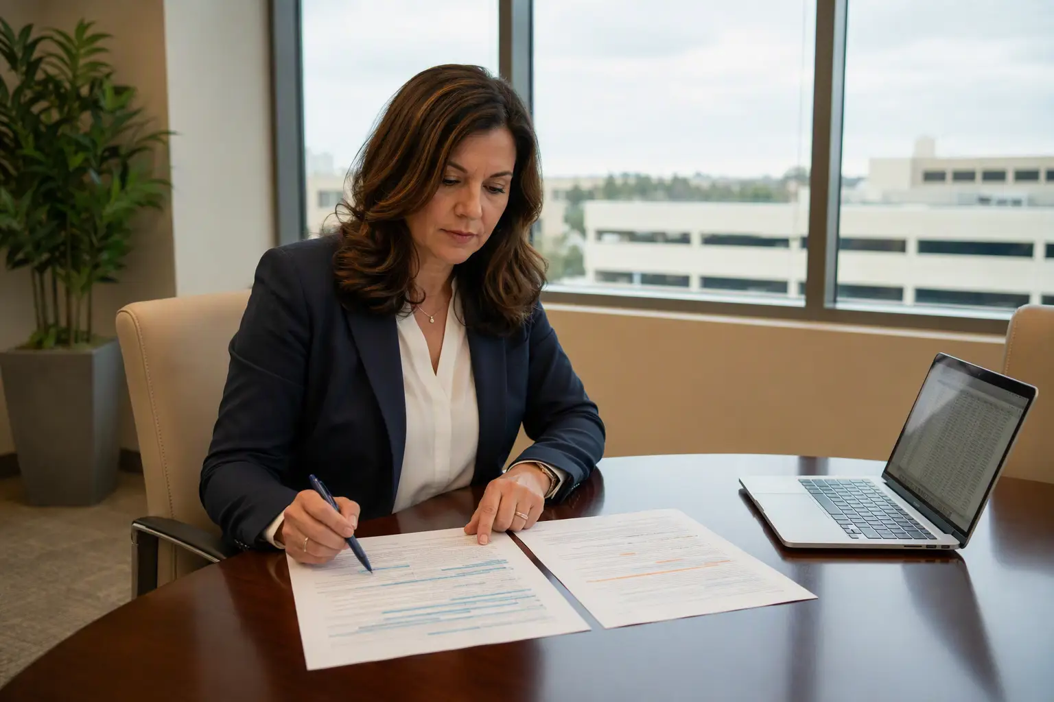 Healthcare facilities administrator comparing full-service and oil-and-grease elevator maintenance contract documents at a desk in a Southern California medical office building.