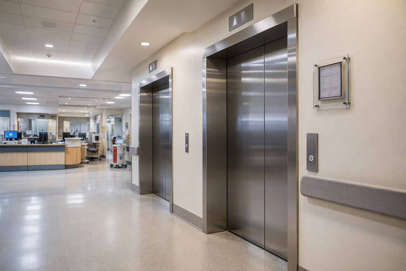 Wide view of a hospital elevator bank in Southern California with ADA-compliant stainless-steel doors and inspection certificate, illustrating healthcare facility elevator code compliance.