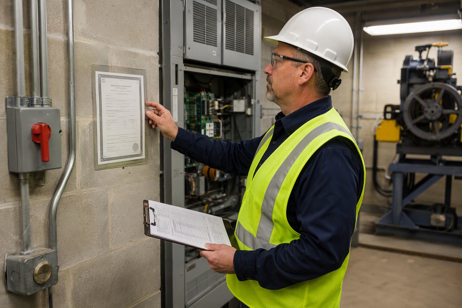 Elevator compliance inspector reviewing ASME A17.1 and HCAI permit documentation in a healthcare facility machine room in Southern California.