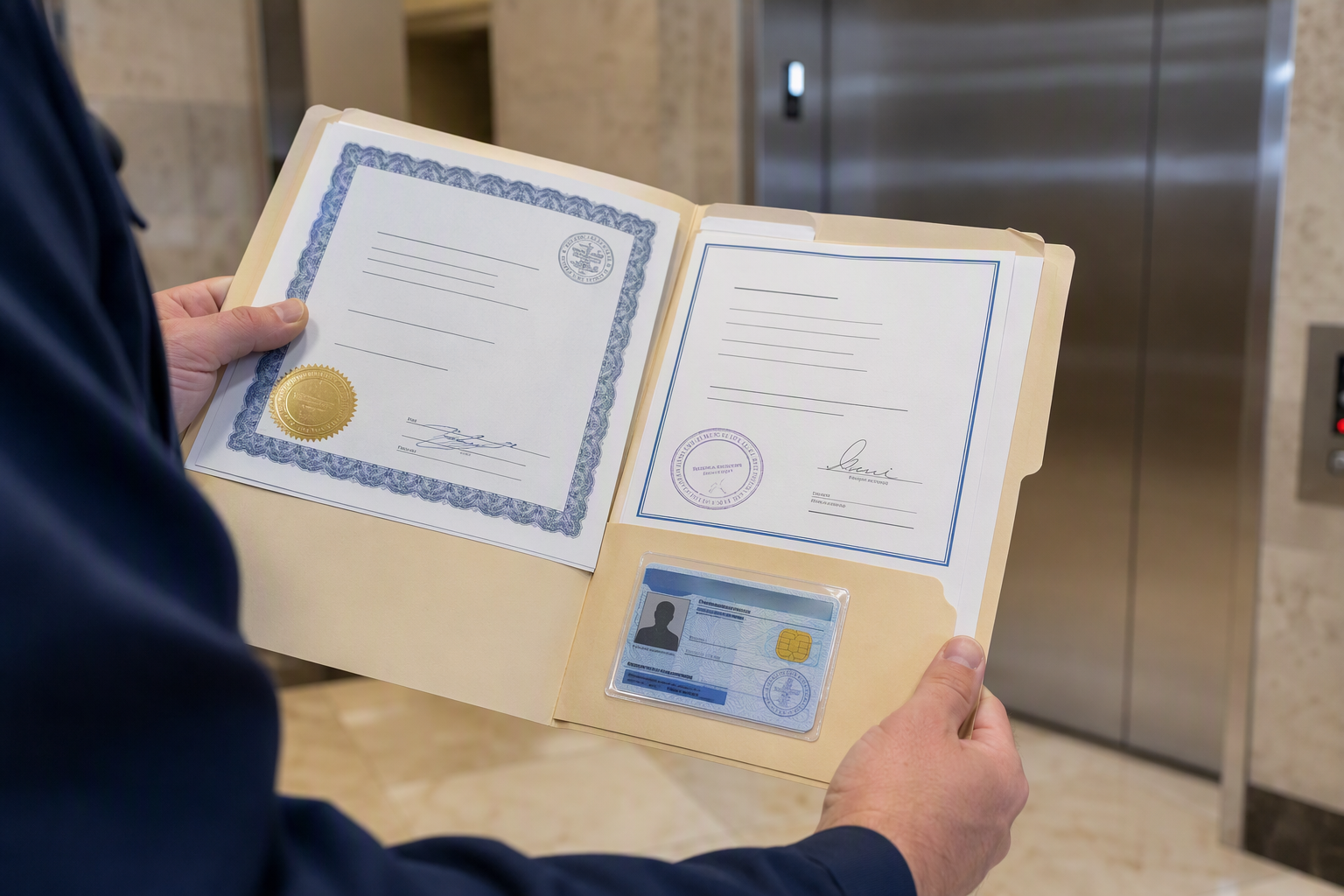 California Elevator Technician Licensing Credentials Elevator technician presenting California DIR CCCM certification documents and insurance credentials before an elevator maintenance contract is signed in Signal Hill CA