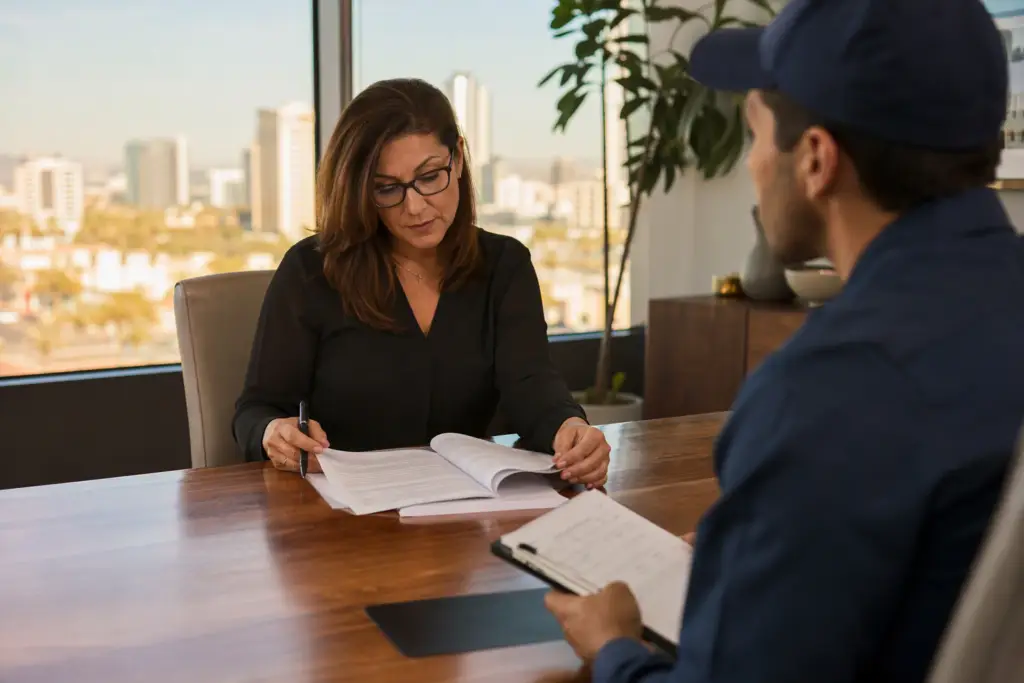 Building manager reviewing elevator maintenance contract with a service technician in a Long Beach CA property management office before signing a service agreement