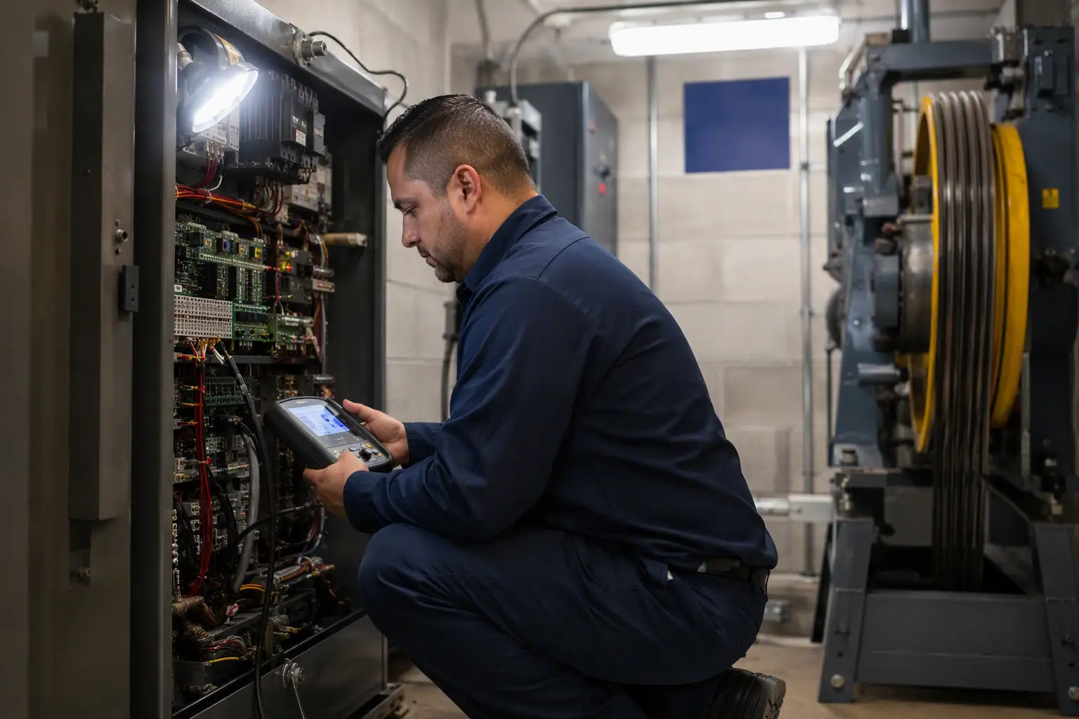 Preventive Maintenance Inside an Elevator Machine Room Elevator mechanic performing scheduled preventive maintenance on a traction drive controller inside a machine room at an Orange County CA commercial building