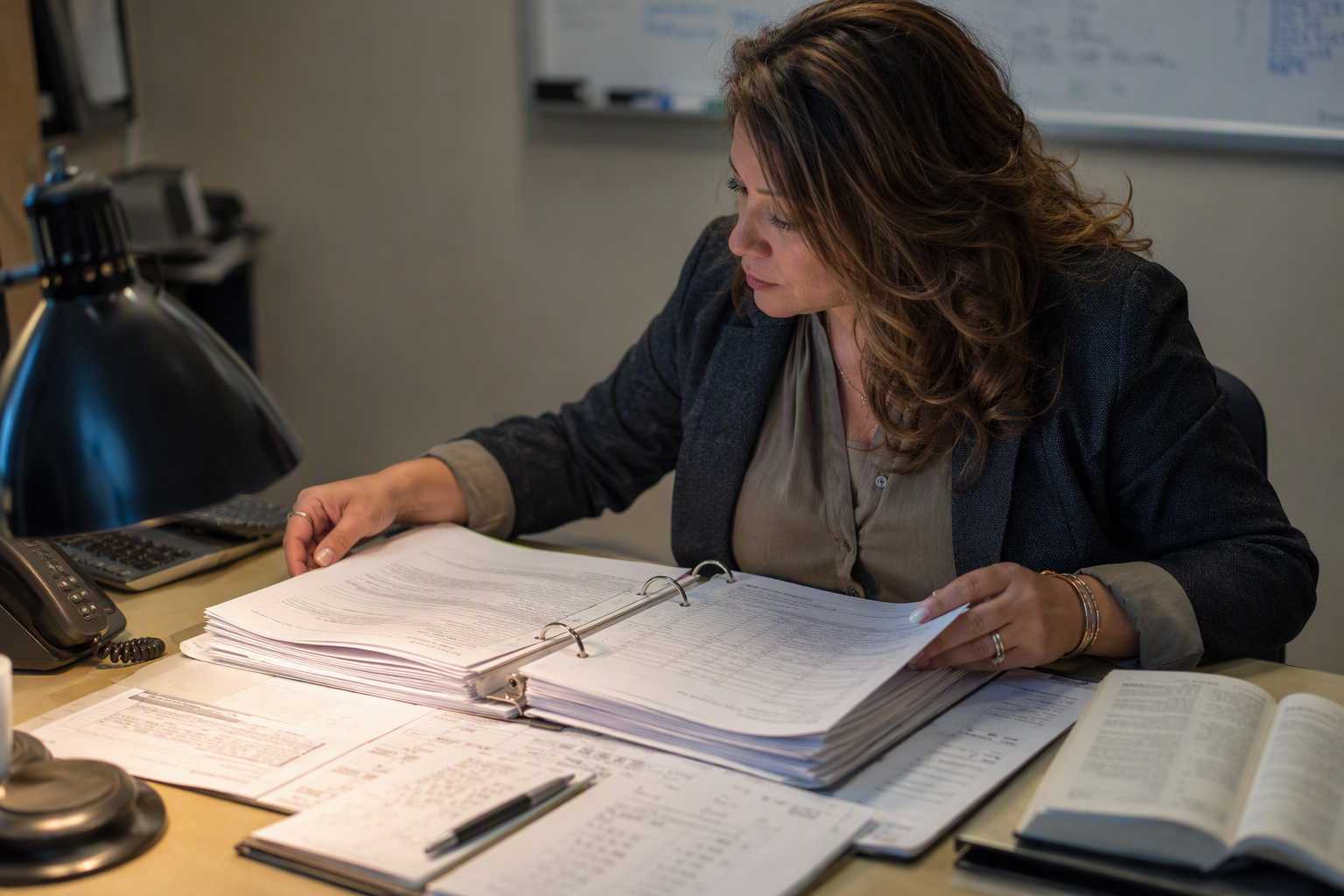 Hospital Elevator Compliance Documentation Review Facility manager reviewing California DOSH elevator inspection reports and ASME A17.1 compliance documentation for a hospital elevator maintenance program.