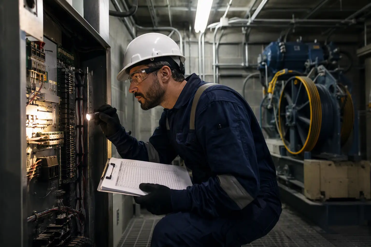 Hospital Elevator Machine Room Inspection Certified elevator technician inspecting machine room controller during a periodic maintenance inspection at a California hospital, required under ASME A17.1 and California DOSH regulations.