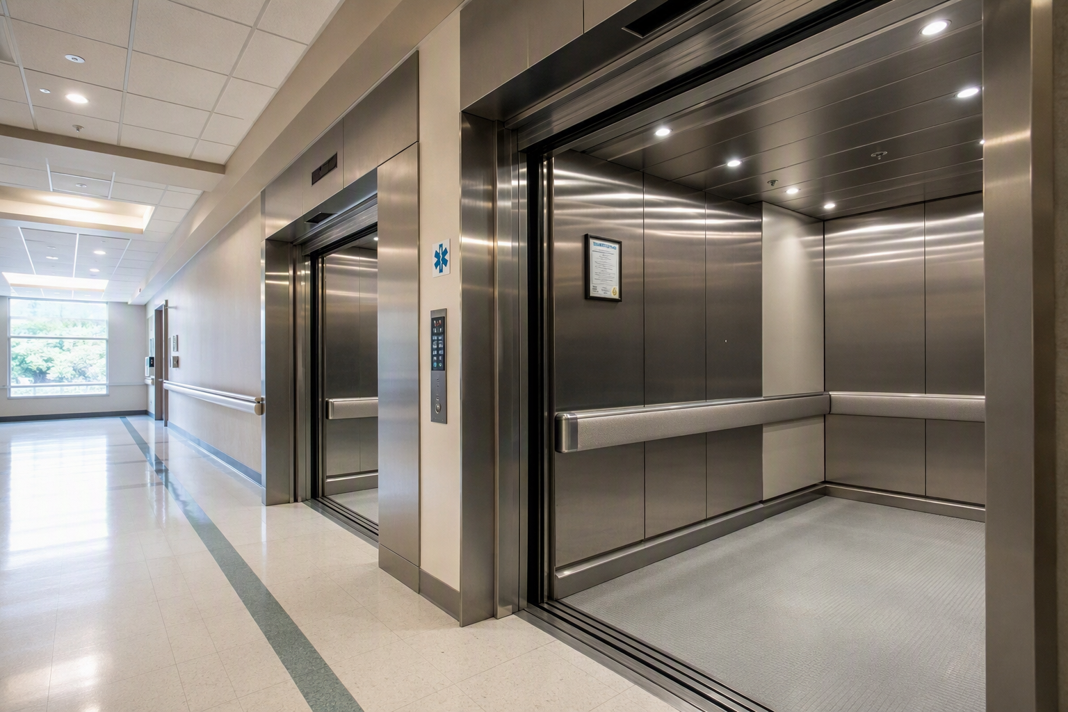 California Hospital Elevator Compliance Hospital elevator lobby in Southern California showing oversized stainless-steel cab doors and Certificate of Inspection placard, meeting California DOSH healthcare facility requirements.
