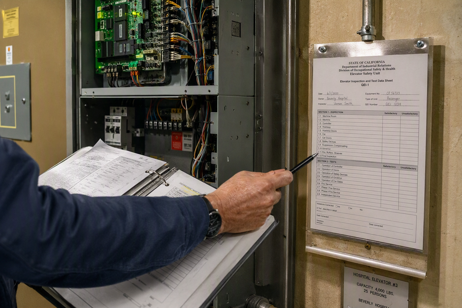 Elevator Machine Room Compliance Review Inspector reviewing elevator compliance checklist inside a hospital machine room with industrial controller cabinet visible — California ASME A17.1 and Cal/OSHA Title 8 requirements.