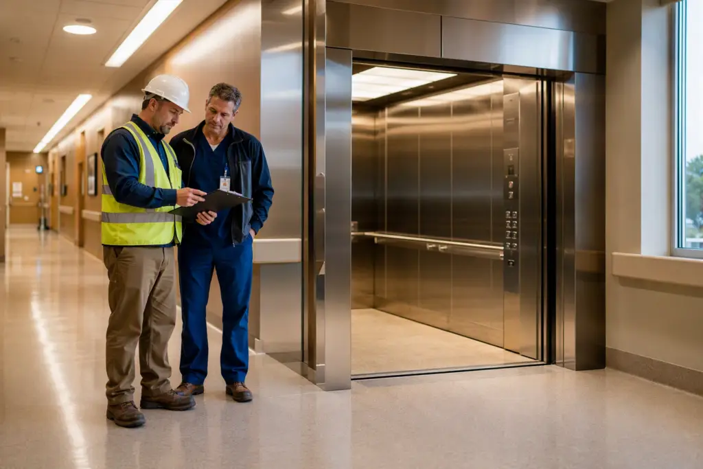 Certified elevator inspector reviewing compliance documents beside a wide stretcher-accessible hospital elevator in a Southern California healthcare facility corridor.