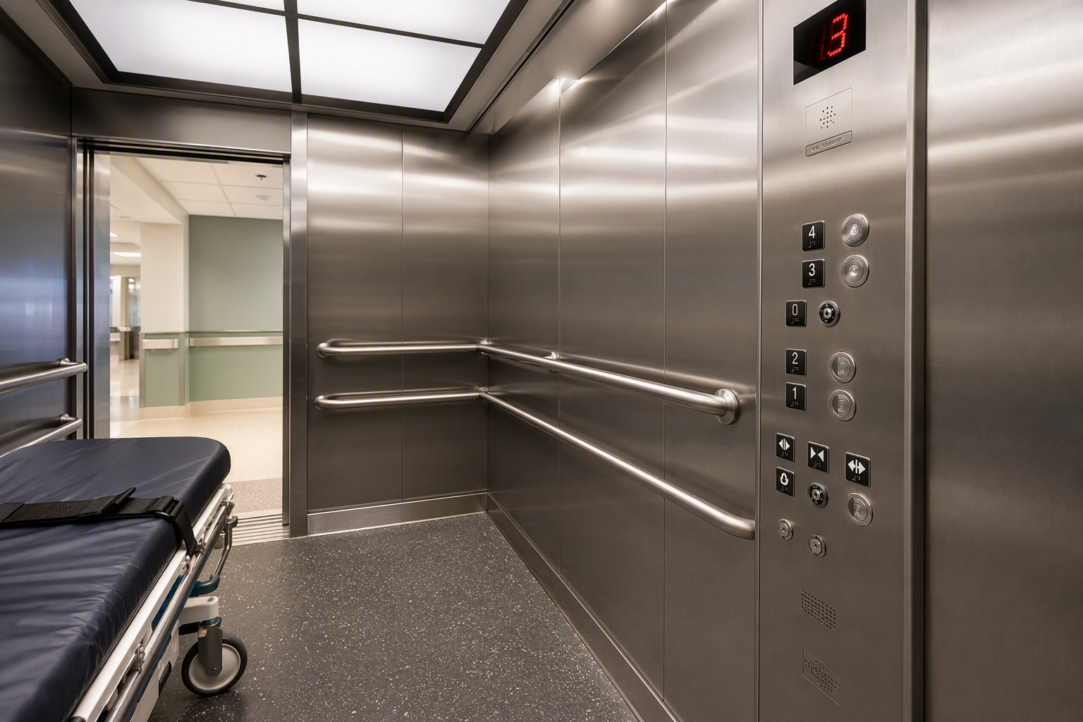 ADA-Compliant Healthcare Elevator Cab Interior Wide stretcher-accessible elevator cab interior with ADA-compliant Braille control panel and dual handrails inside a California healthcare facility elevator.