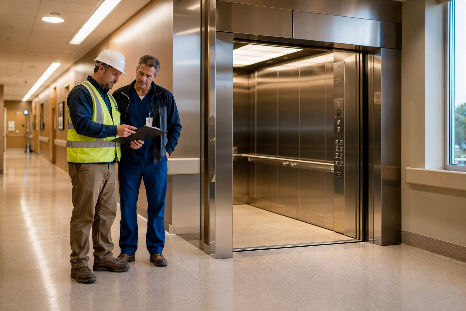 Healthcare Elevator Inspection — California Hospital Certified elevator inspector reviewing compliance documents beside a wide stretcher-accessible hospital elevator in a Southern California healthcare facility corridor.
